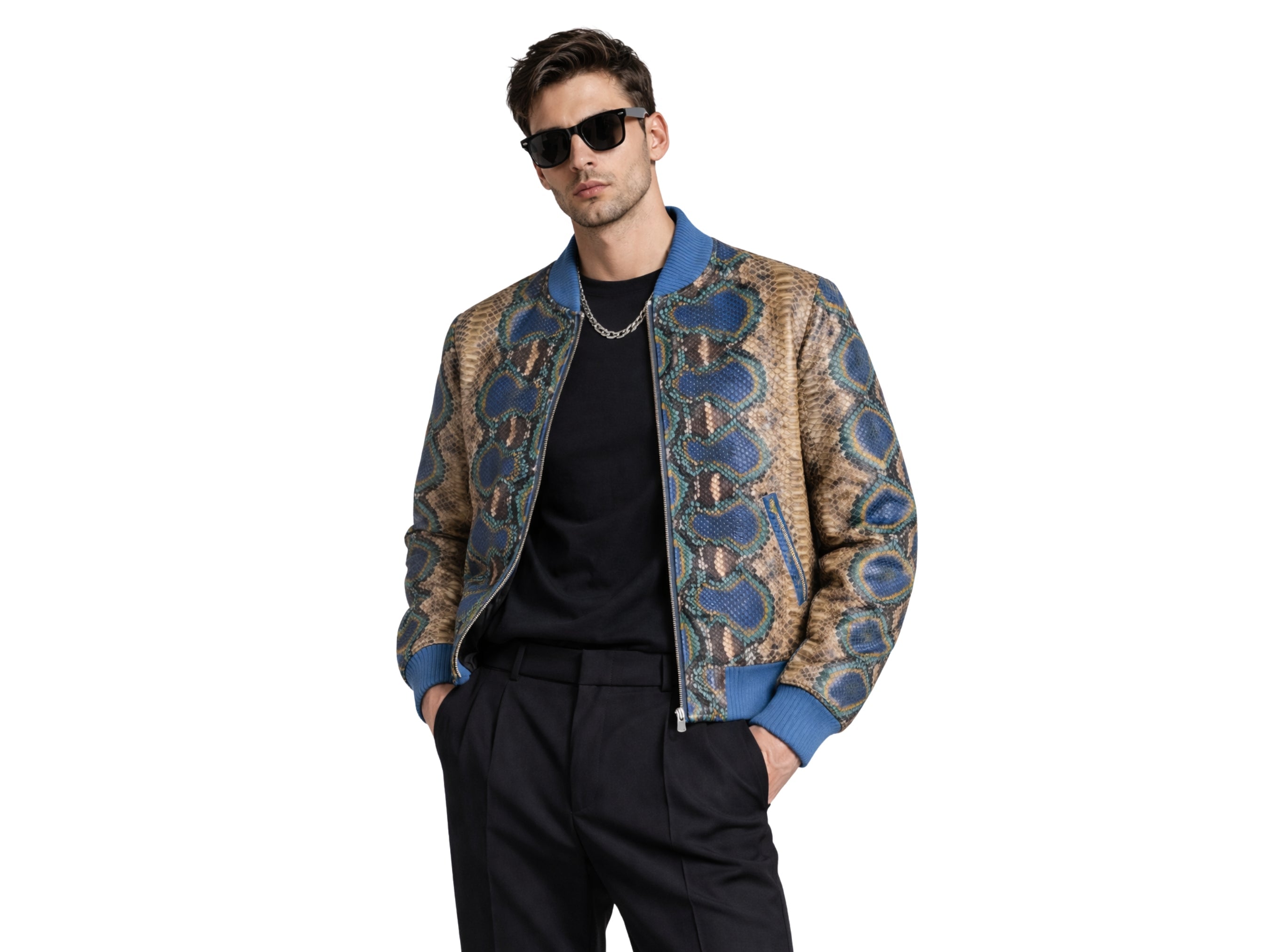 Python snakeskin bomber jacket on model, blue tan patterned body with ribbed hem