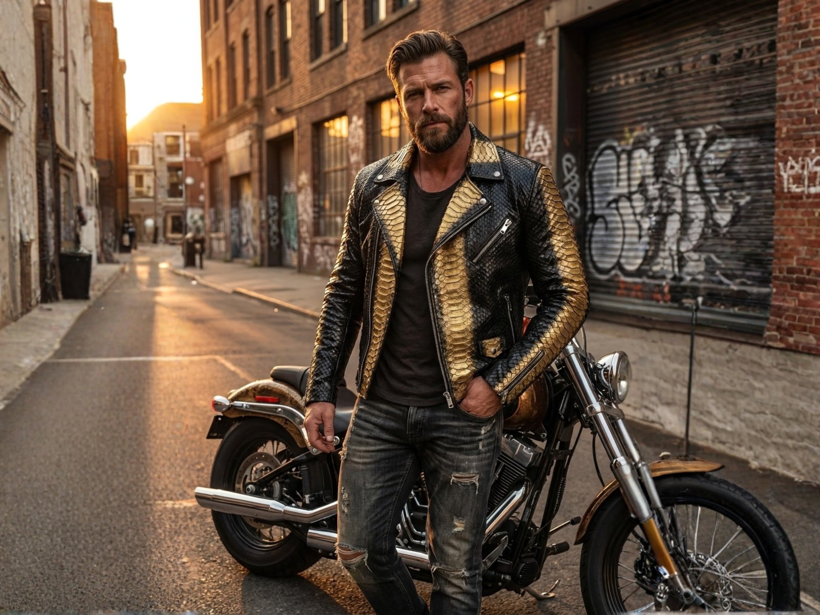 Men's black and gold python-print biker jacket with open lapel and zip-front details