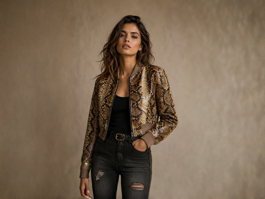 Cropped snakeskin bomber jacket with front zip and ribbed cuffs, worn over black top