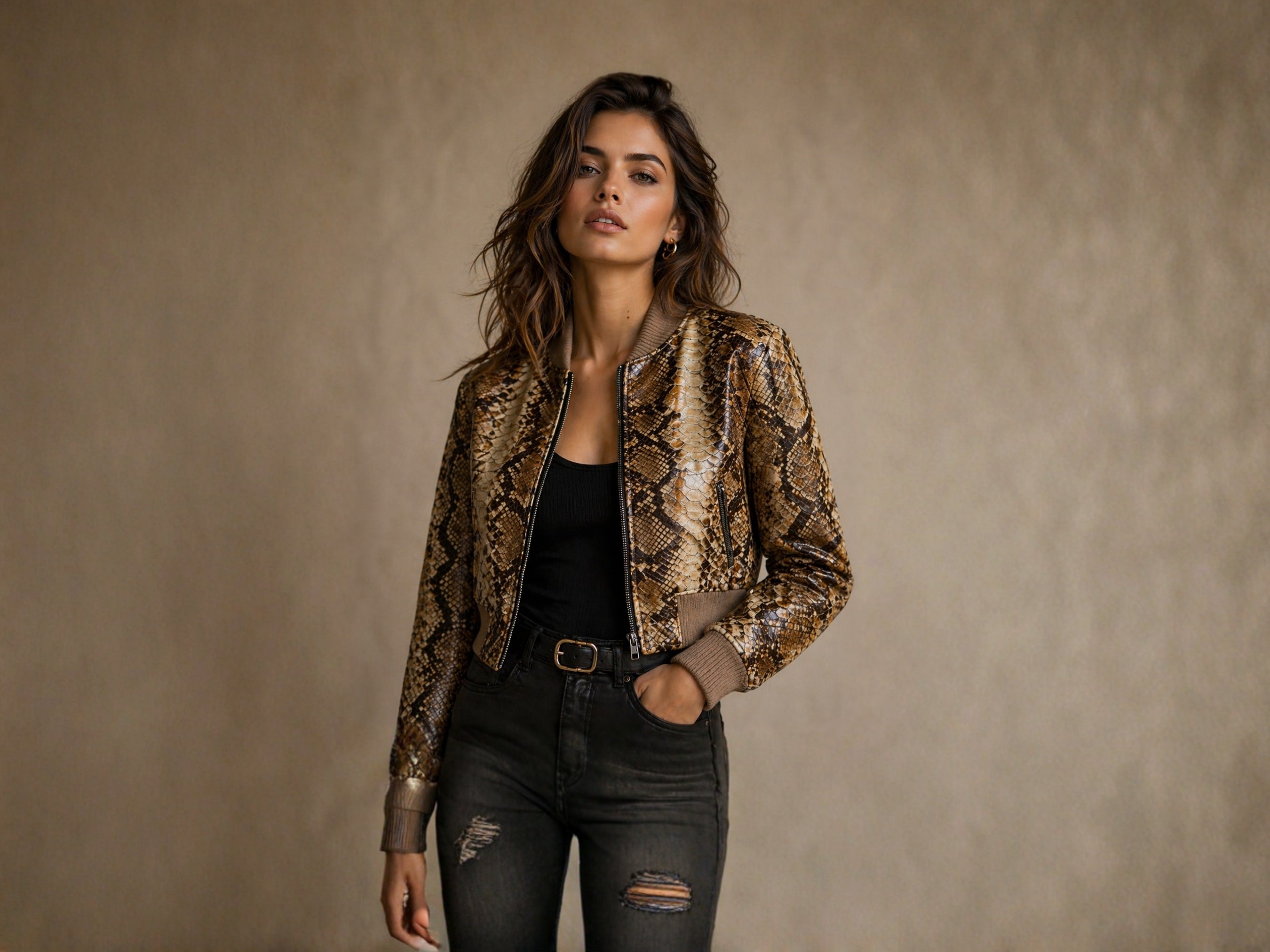 Cropped snakeskin bomber jacket with front zip and ribbed cuffs, worn over black top
