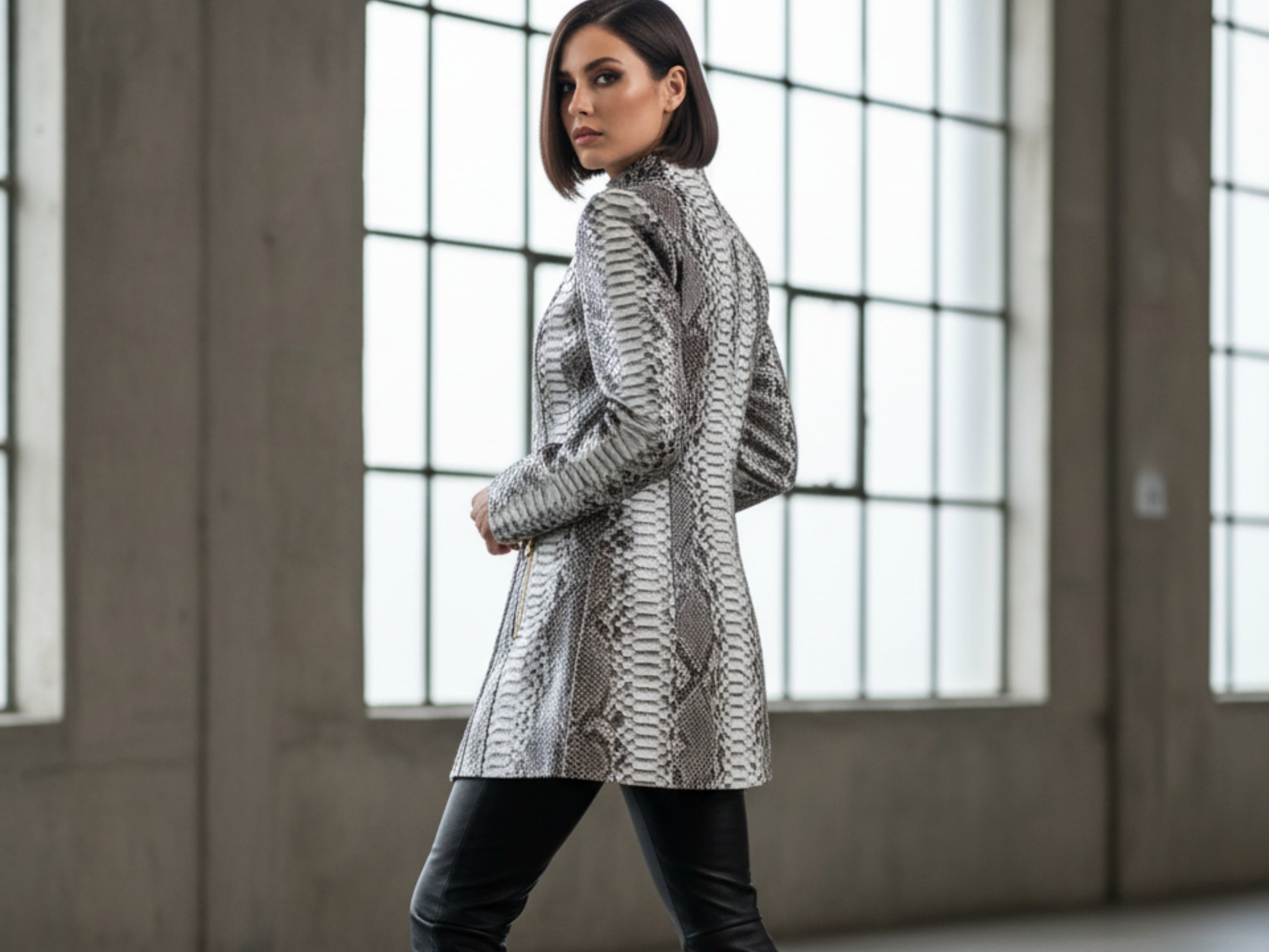 Python snakeskin asymmetrical zip jacket, textured gray, long sleeves, side view