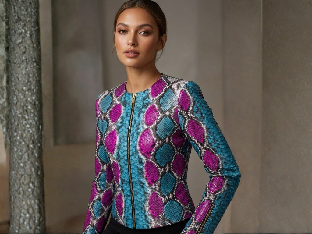 Multi-color snakeskin biker leather jacket on model, zip front and textured pattern