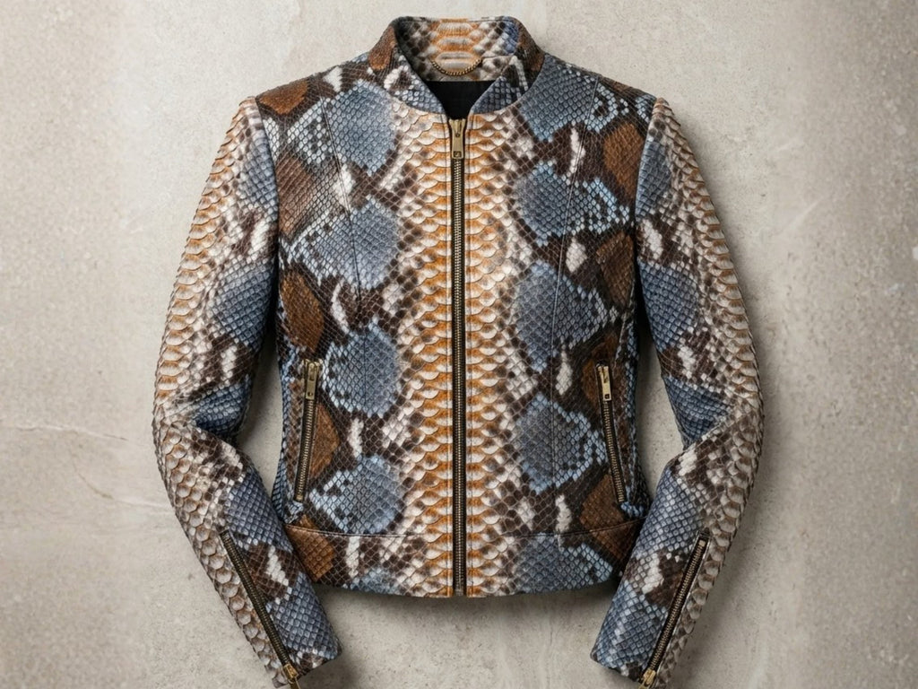 Front view of blue and brown snakeskin leather jacket with stand collar and zip.