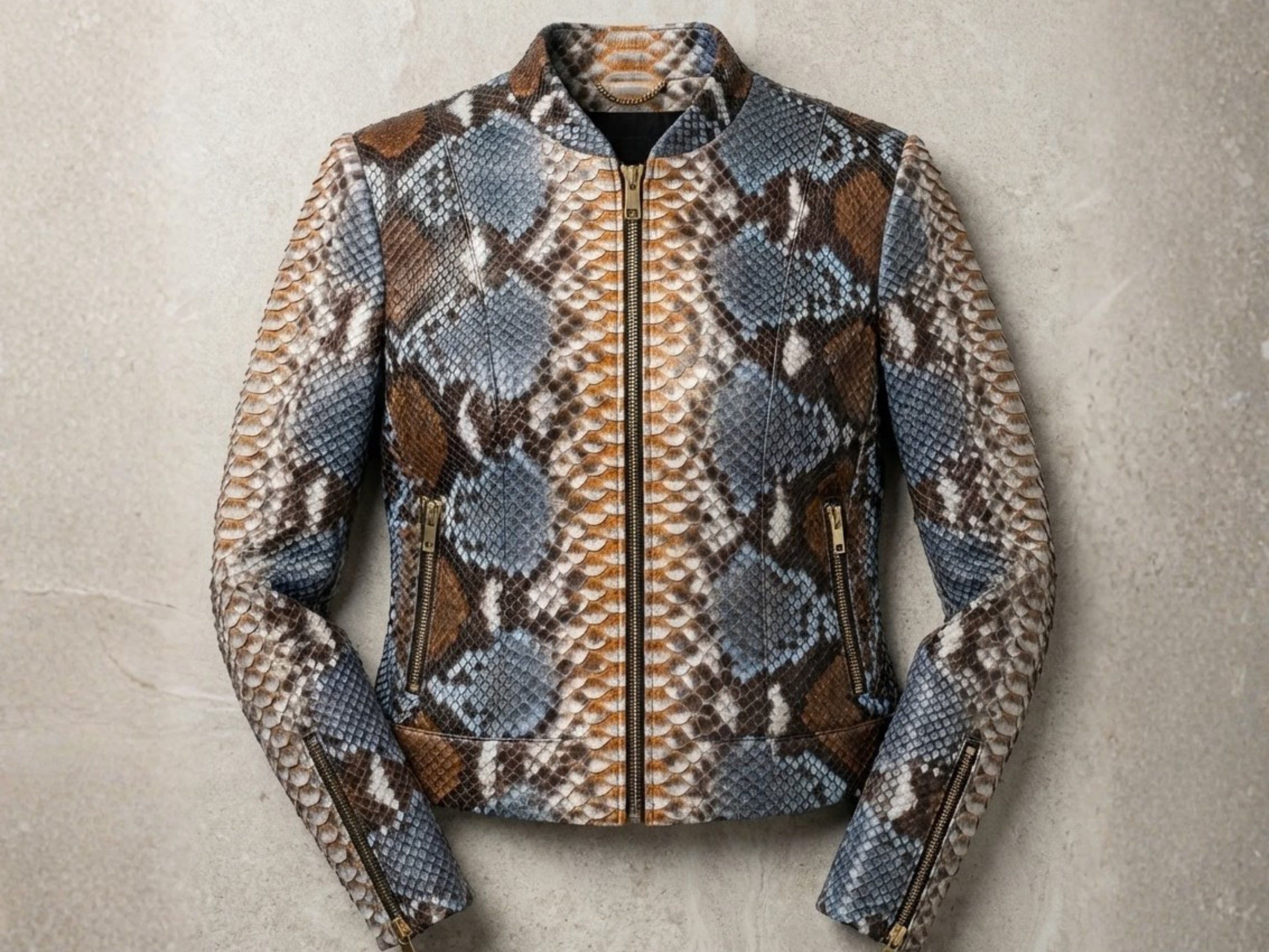 Front view of blue and brown snakeskin leather jacket with stand collar and zip.