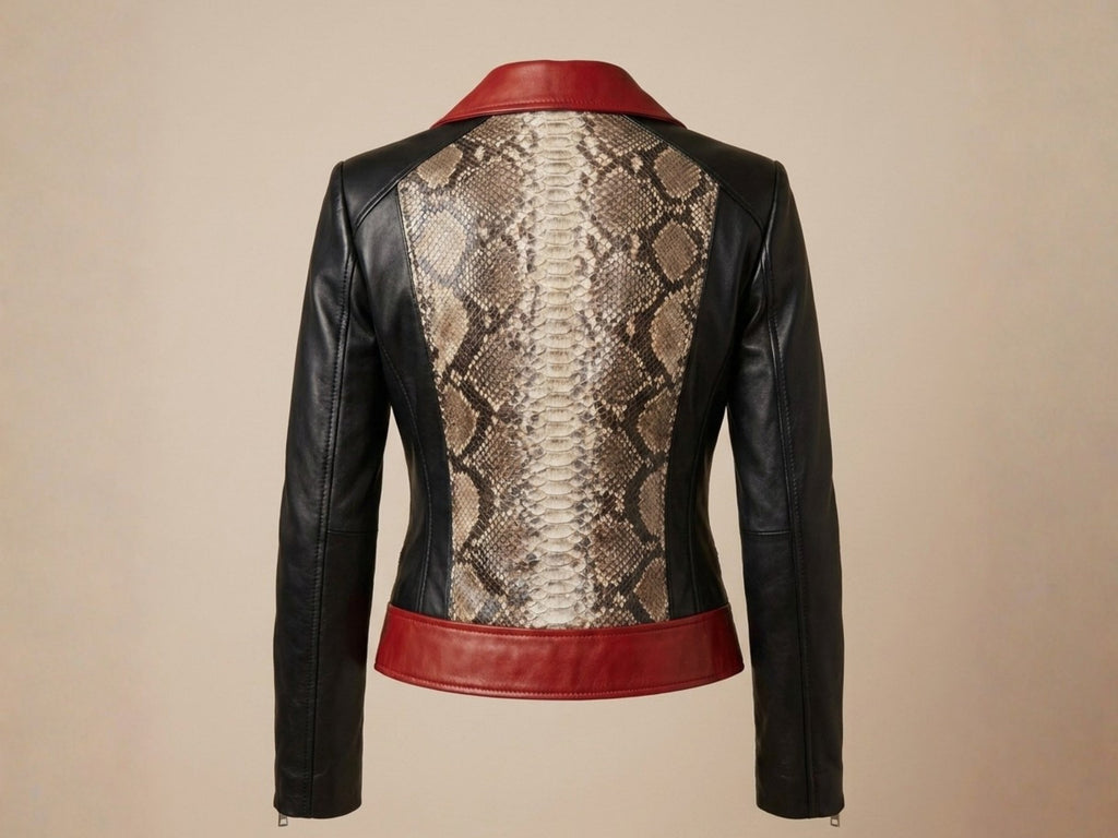 Back of black biker leather jacket with snakeskin panel and red hem band