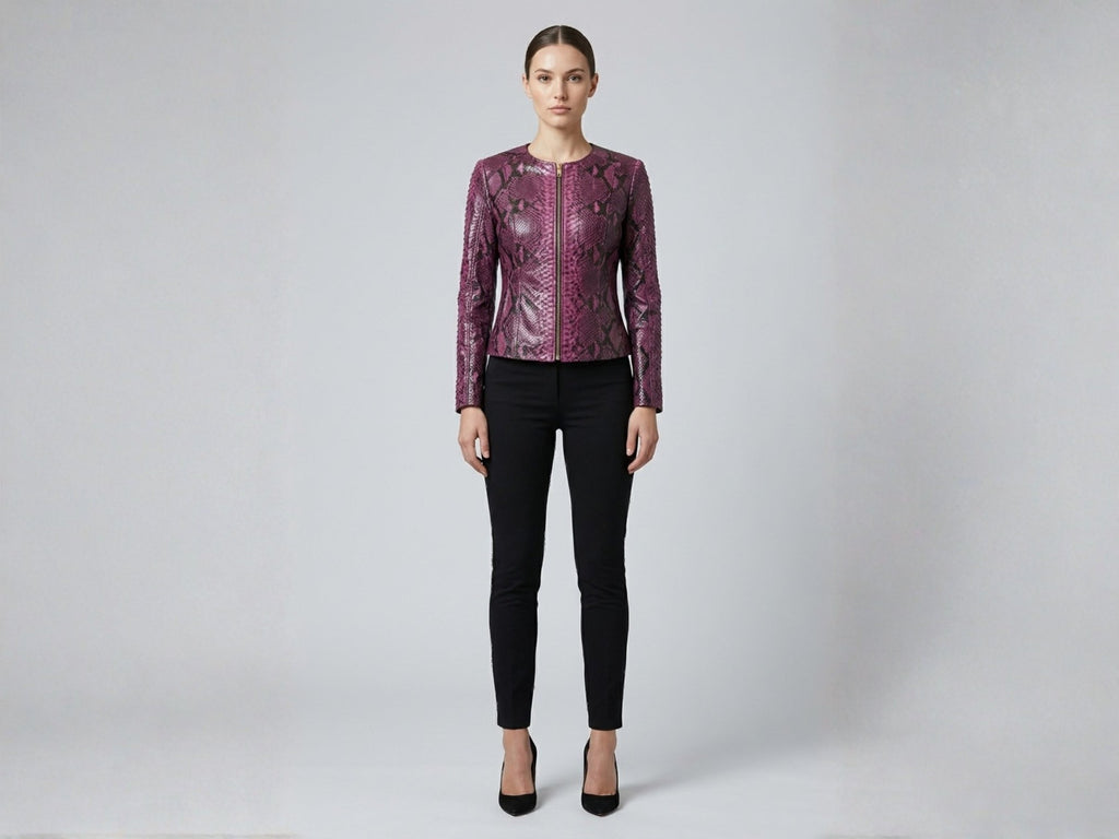 Pink burgundy snakeskin leather jacket worn with black pants, front view, long sleeves