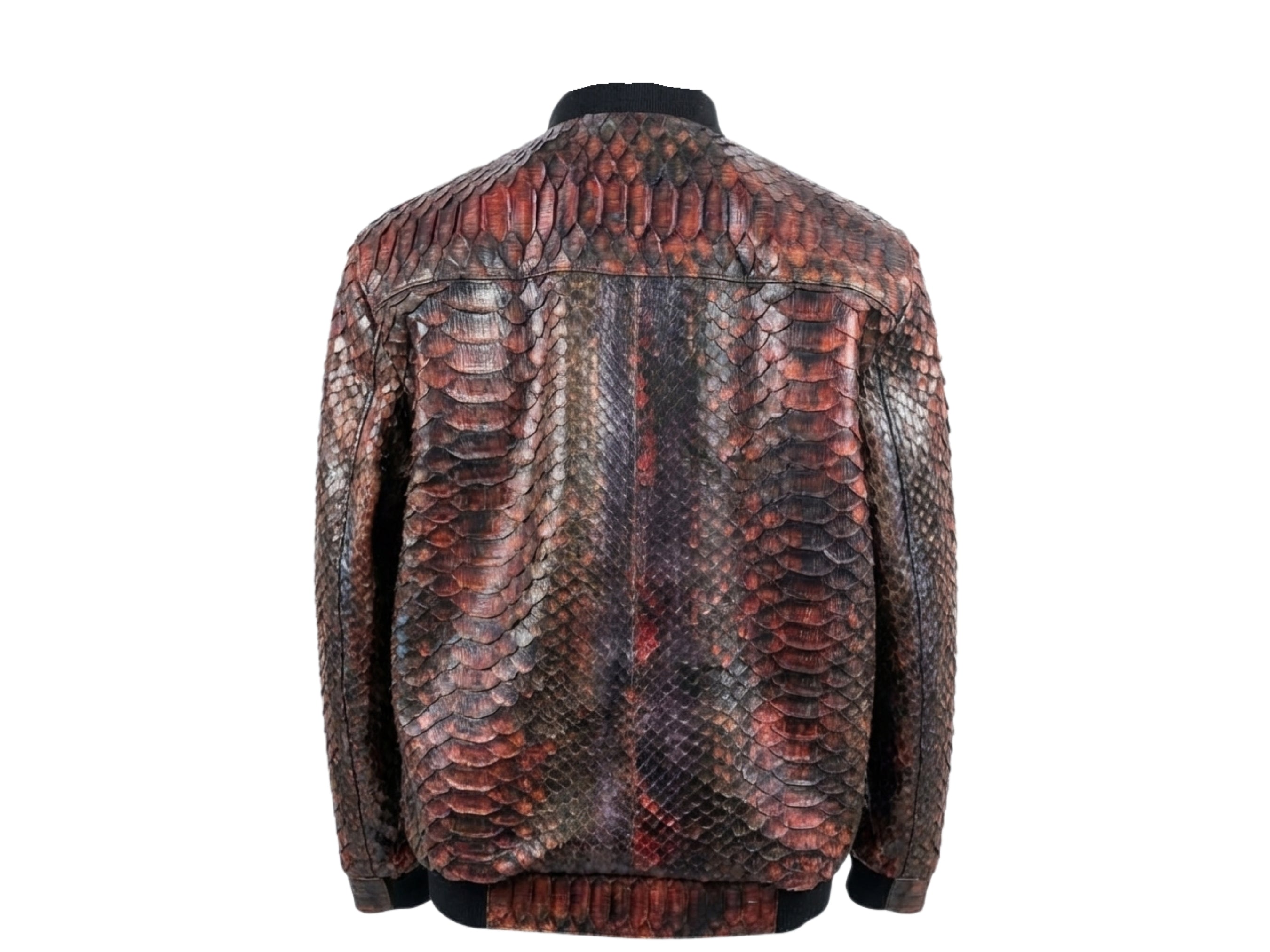 Back view of snakeskin-pattern bomber jacket with stand collar and ribbed hem