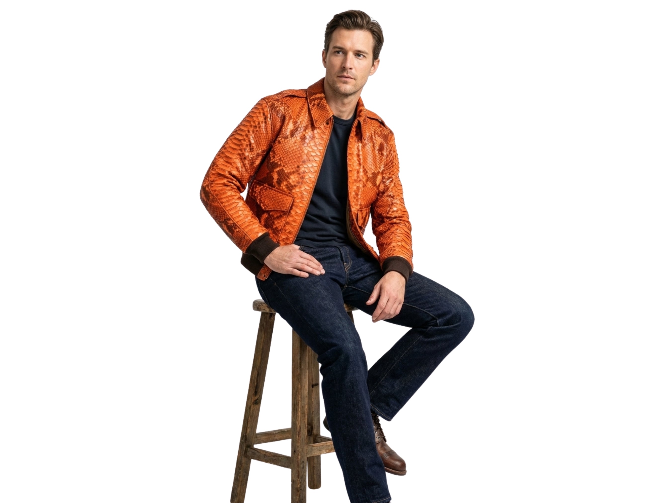 Men's orange python snakeskin bomber jacket with ribbed trim and zip front