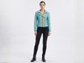 Turquoise snakeskin leather jacket with asymmetrical zip front and stand collar