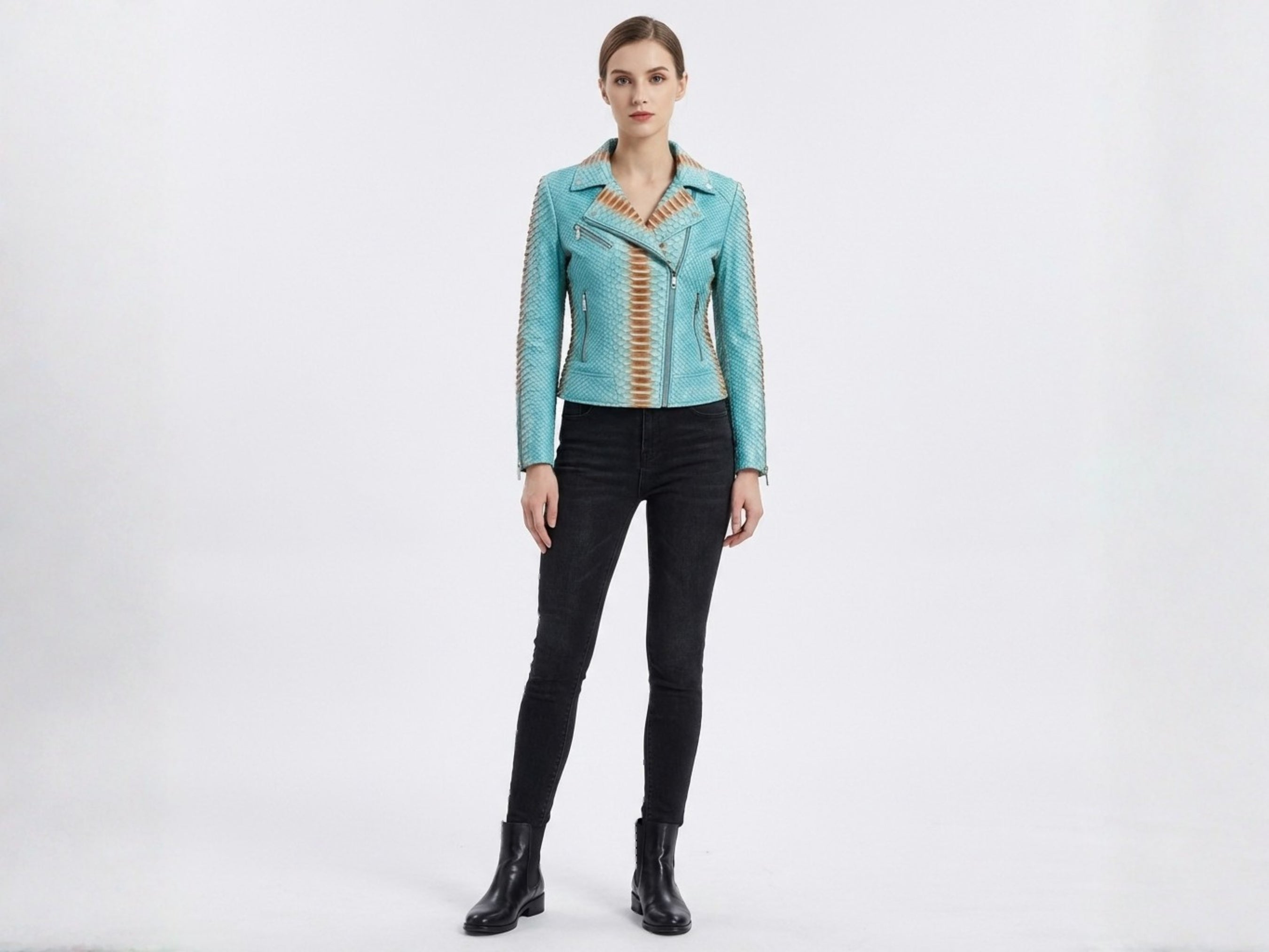 Turquoise snakeskin leather jacket with asymmetrical zip front and stand collar