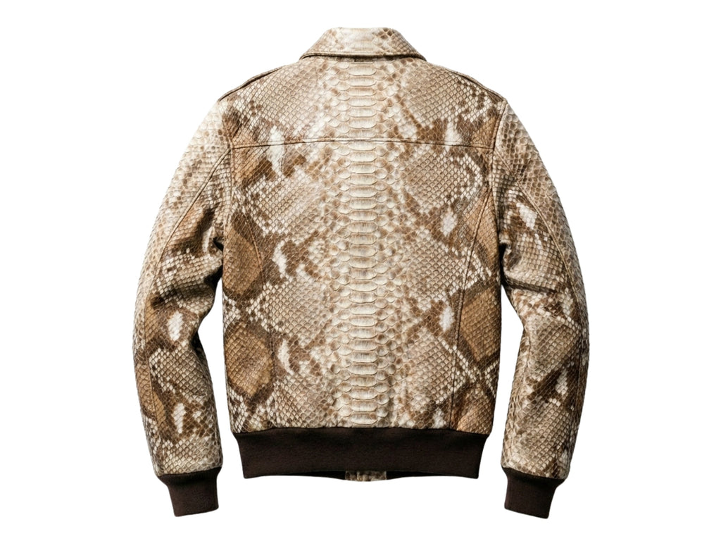 Taupe beige python snakeskin bomber jacket, back view with ribbed cuffs and hem