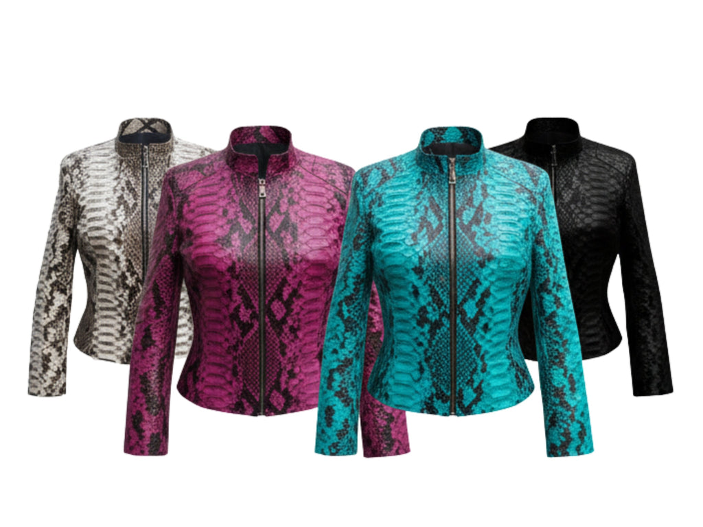 Four women’s python-skin biker jackets: gray, pink, turquoise, and black