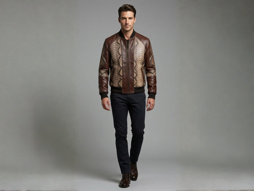 Men's bomber jacket full body: dark brown leather with beige snakeskin front panels and ribbed cuffs.