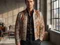 Python snakeskin jacket with orange diamond pattern, black zip front and stand collar