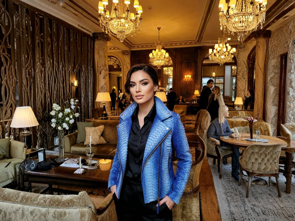 Blue snakeskin-effect biker jacket with asym zip front, lapels, and metal zip accents.