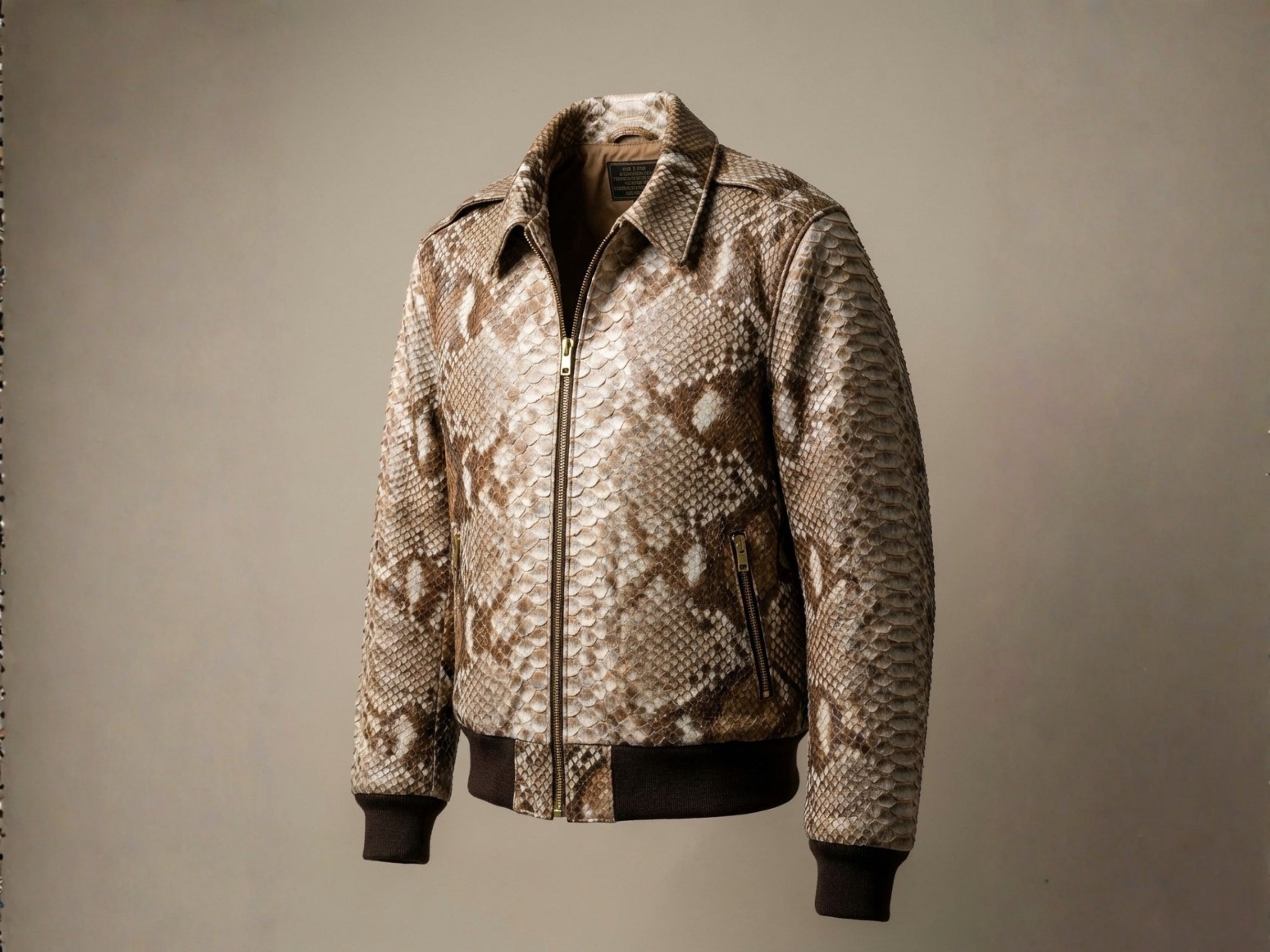 Taupe beige python snakeskin bomber jacket, front view with stand collar and zipper