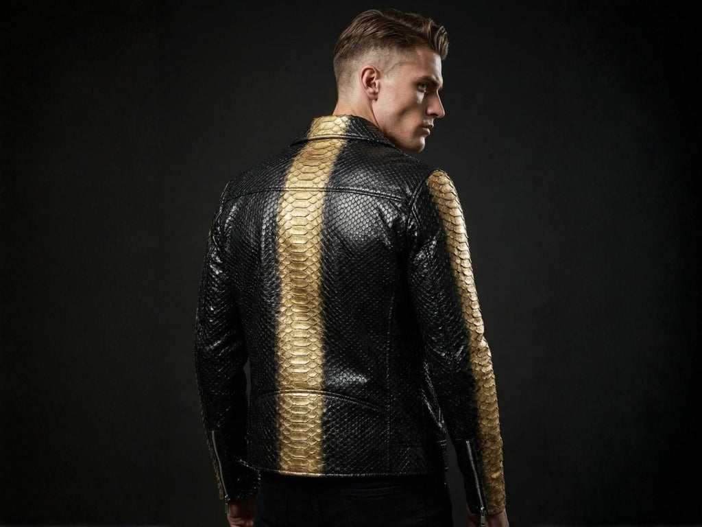 Men's black python-print jacket with gold center stripe, back view
