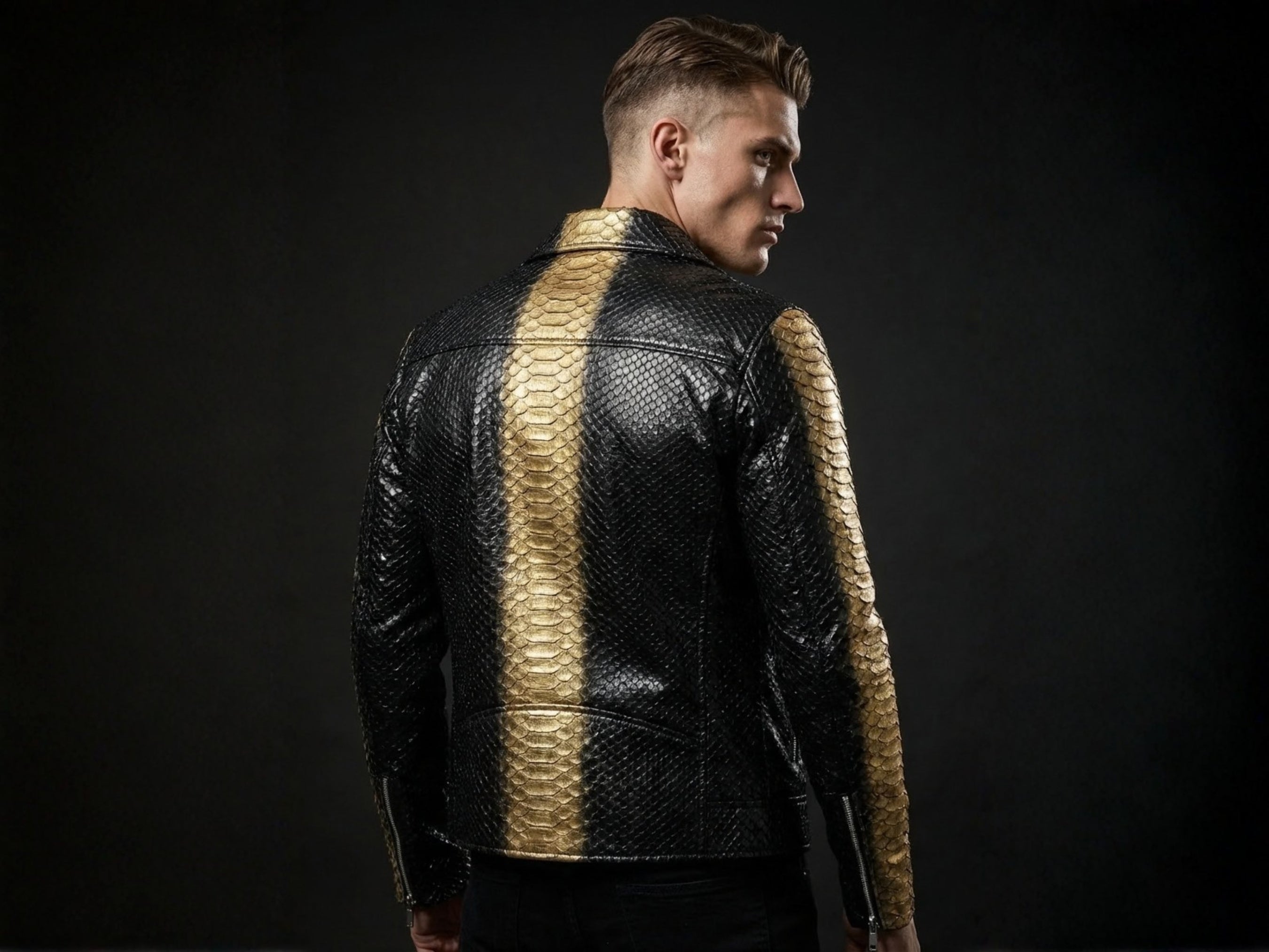 Men's black python-print jacket with gold center stripe, back view