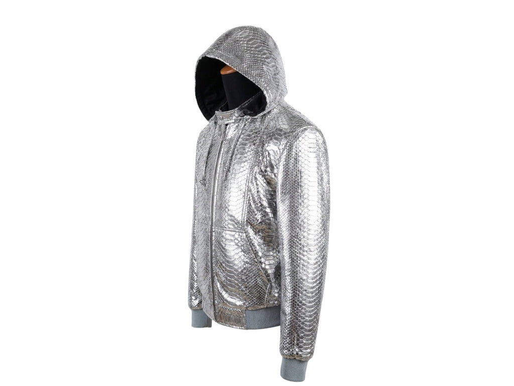 Silver metallic python-pattern hooded bomber jacket side view with ribbed cuffs