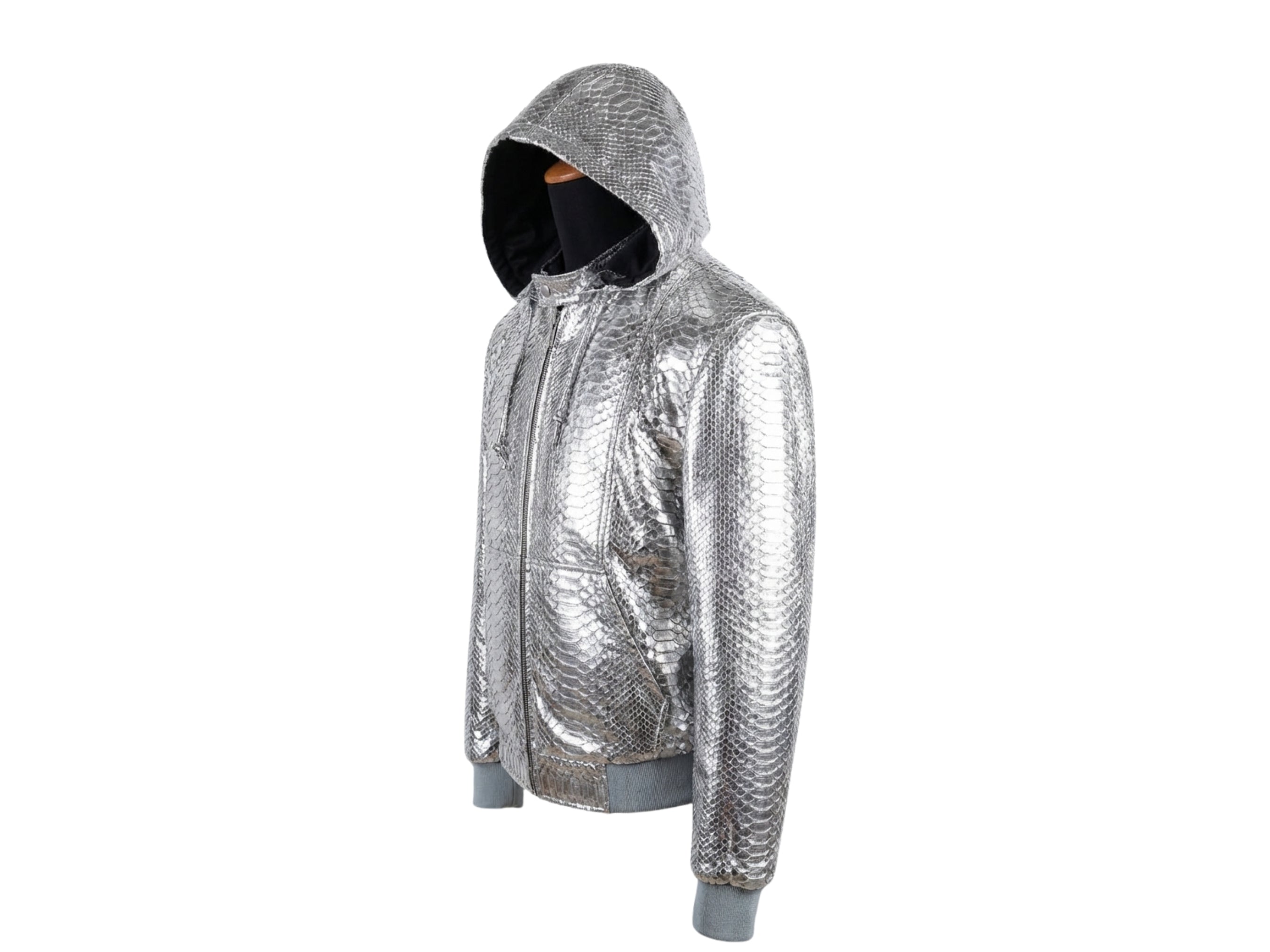Silver metallic python-pattern hooded bomber jacket side view with ribbed cuffs