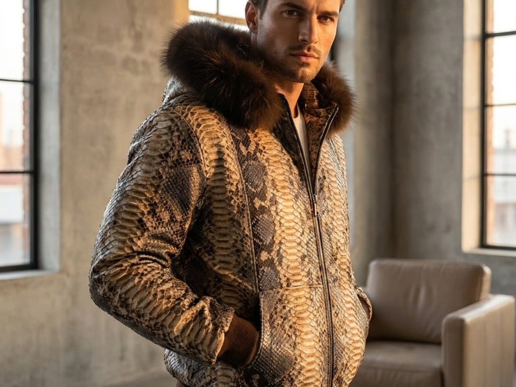 Fur-trim hooded python snakeskin jacket with front zipper and ribbed cuffs