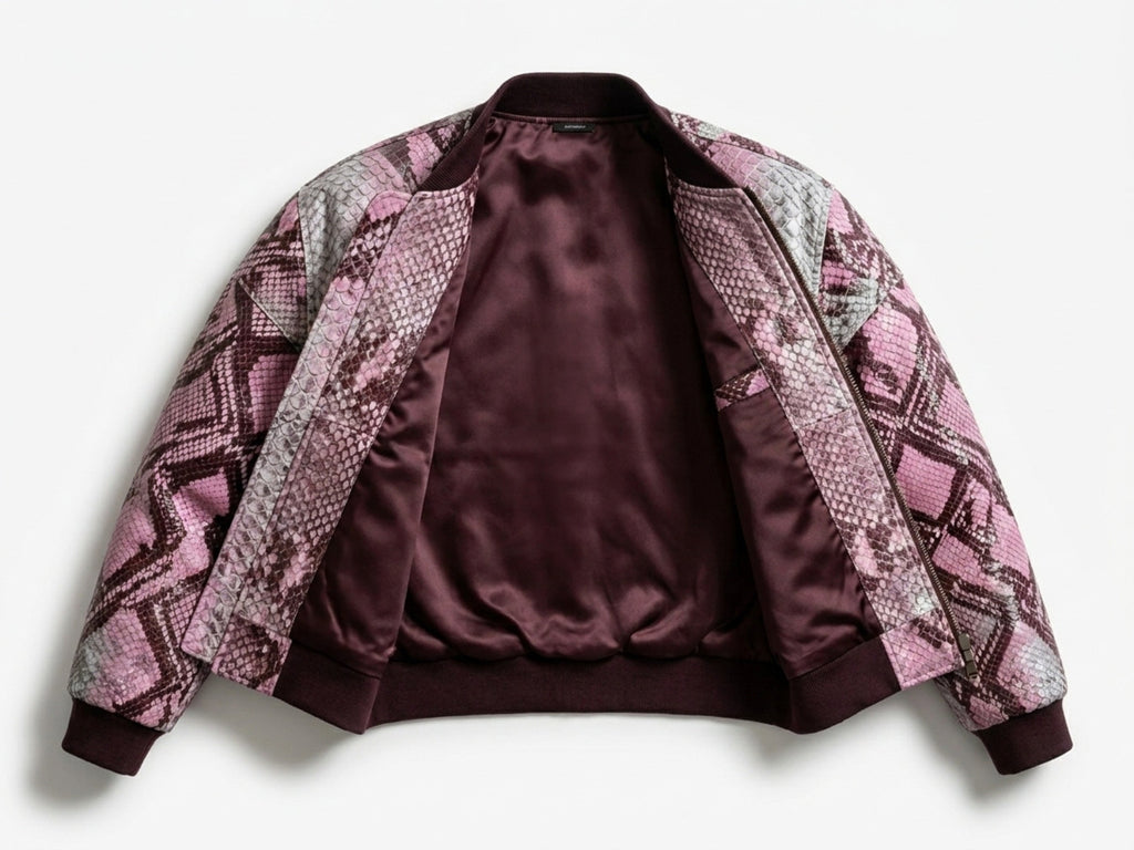 Inside-out look of snakeskin bomber jacket showing satin lining and maroon trim