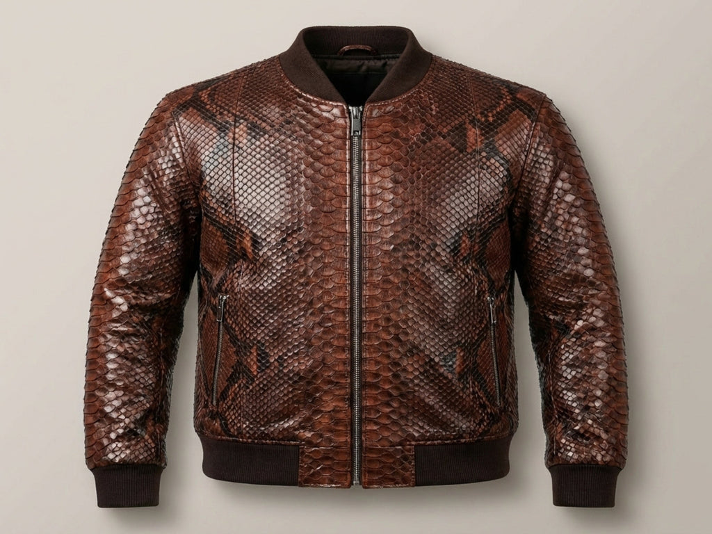 Brown snakeskin leather bomber jacket front view, zip closure and ribbed hem