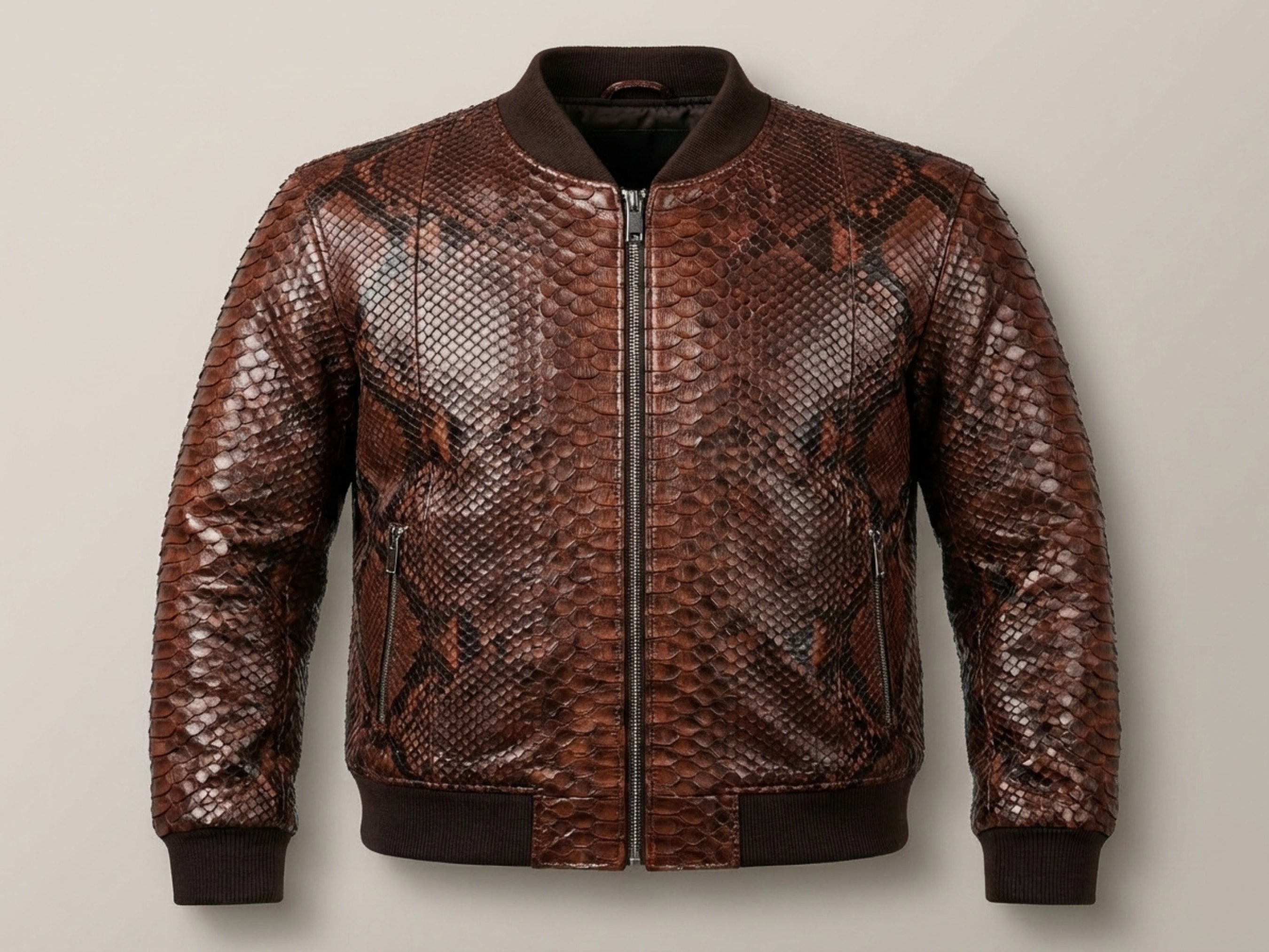 Brown snakeskin leather bomber jacket front view, zip closure and ribbed hem