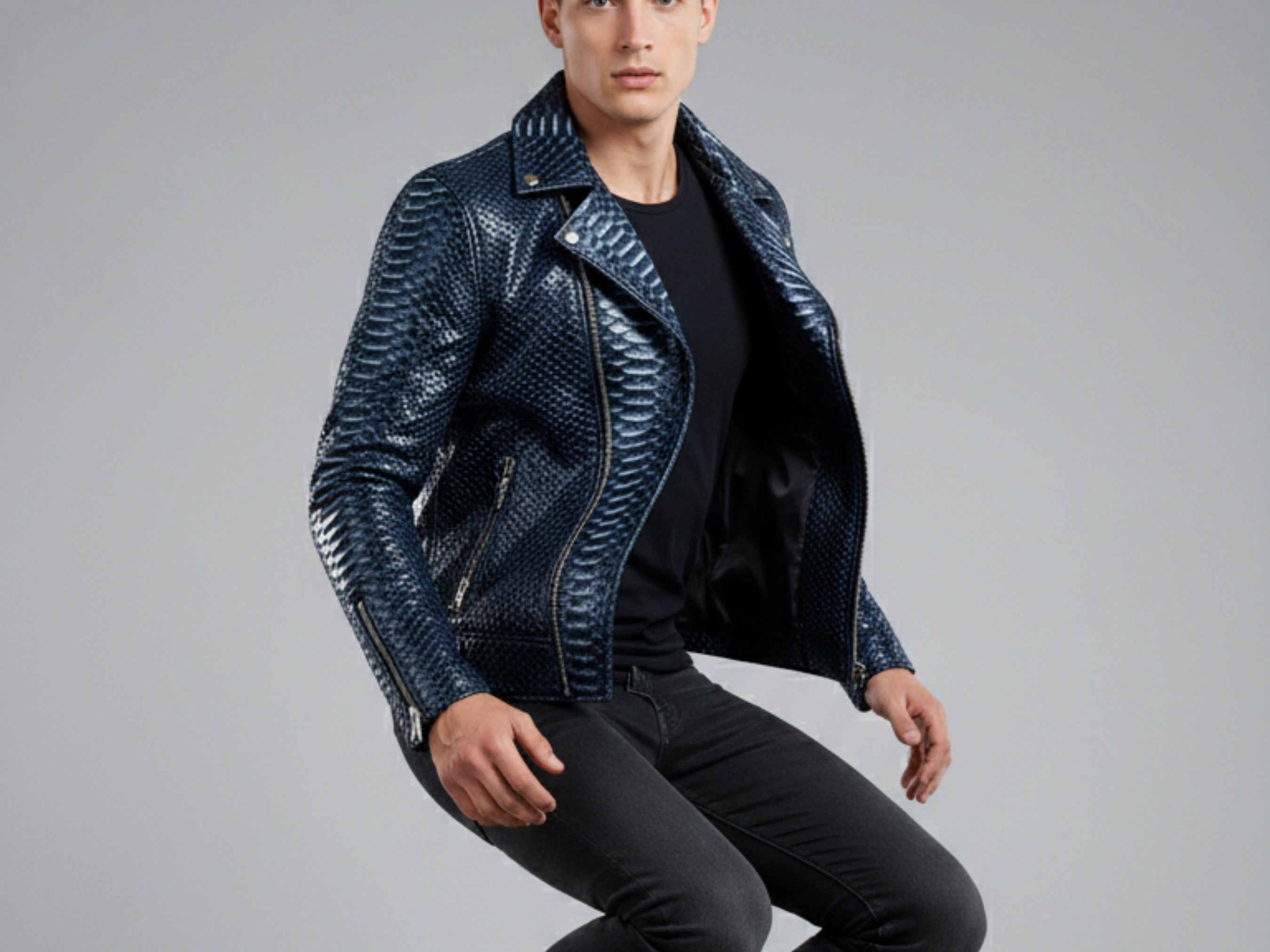 Dark blue python snakeskin biker jacket with asymmetrical zip and zip pockets, side view.