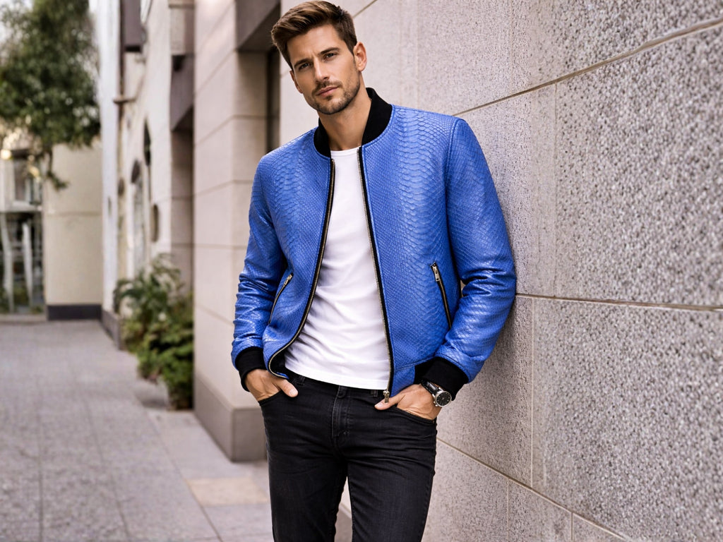 Blue snakeskin-textured bomber jacket with zip pocket and black ribbed collar and hem