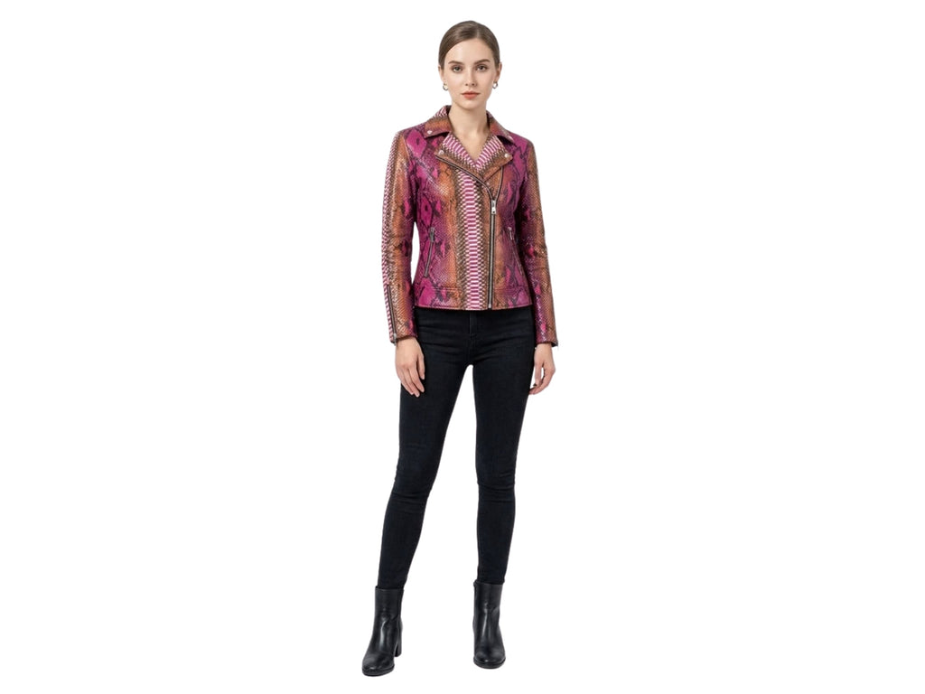 Pink and brown python snakeskin leather biker jacket with stand collar and zippers