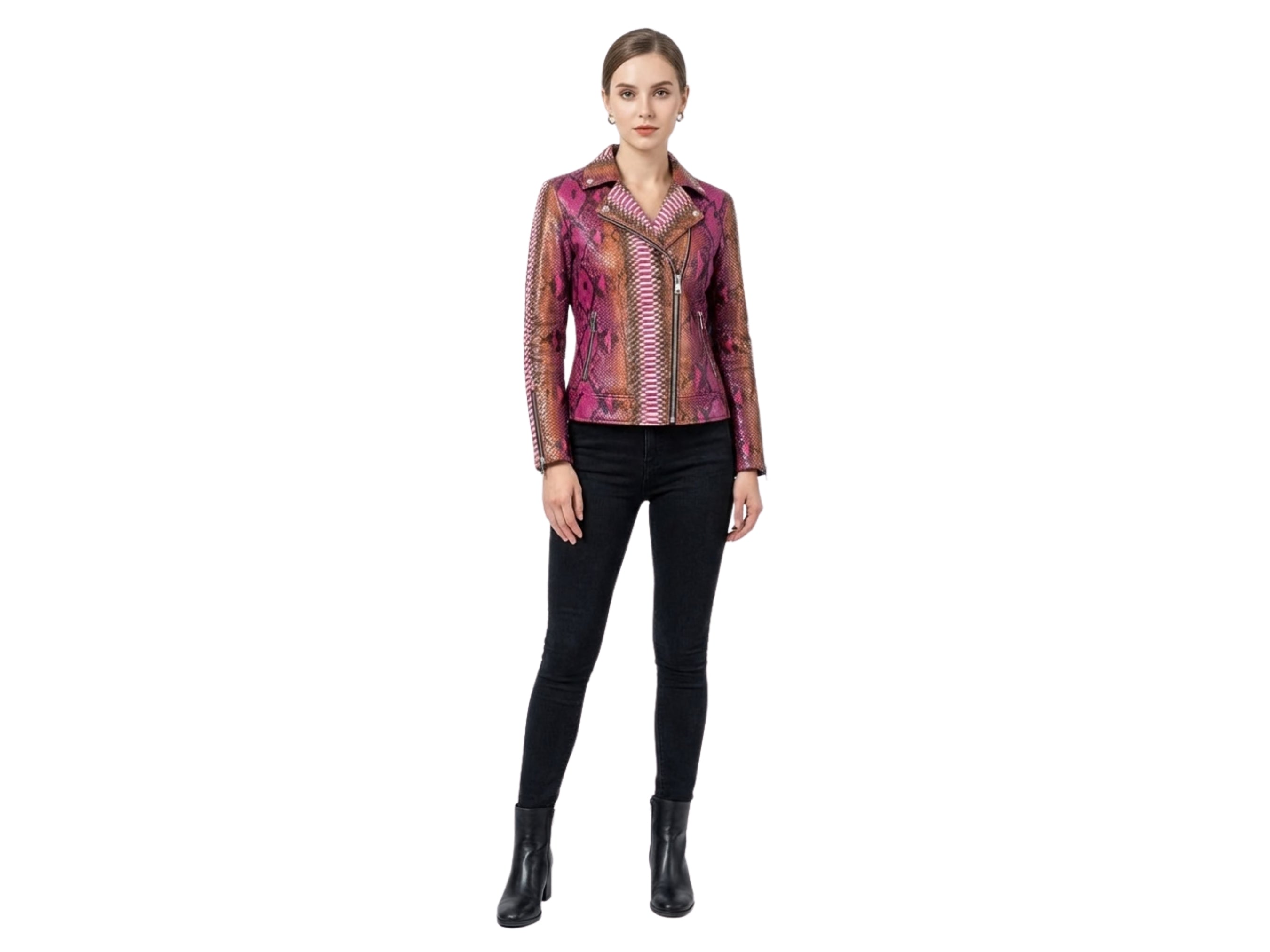Pink and brown python snakeskin leather biker jacket with stand collar and zippers