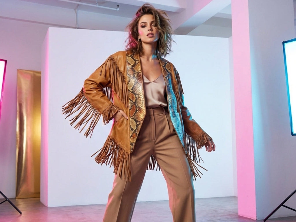 Tan fringe cape jacket with snakeskin-patterned front and long tassel sleeves