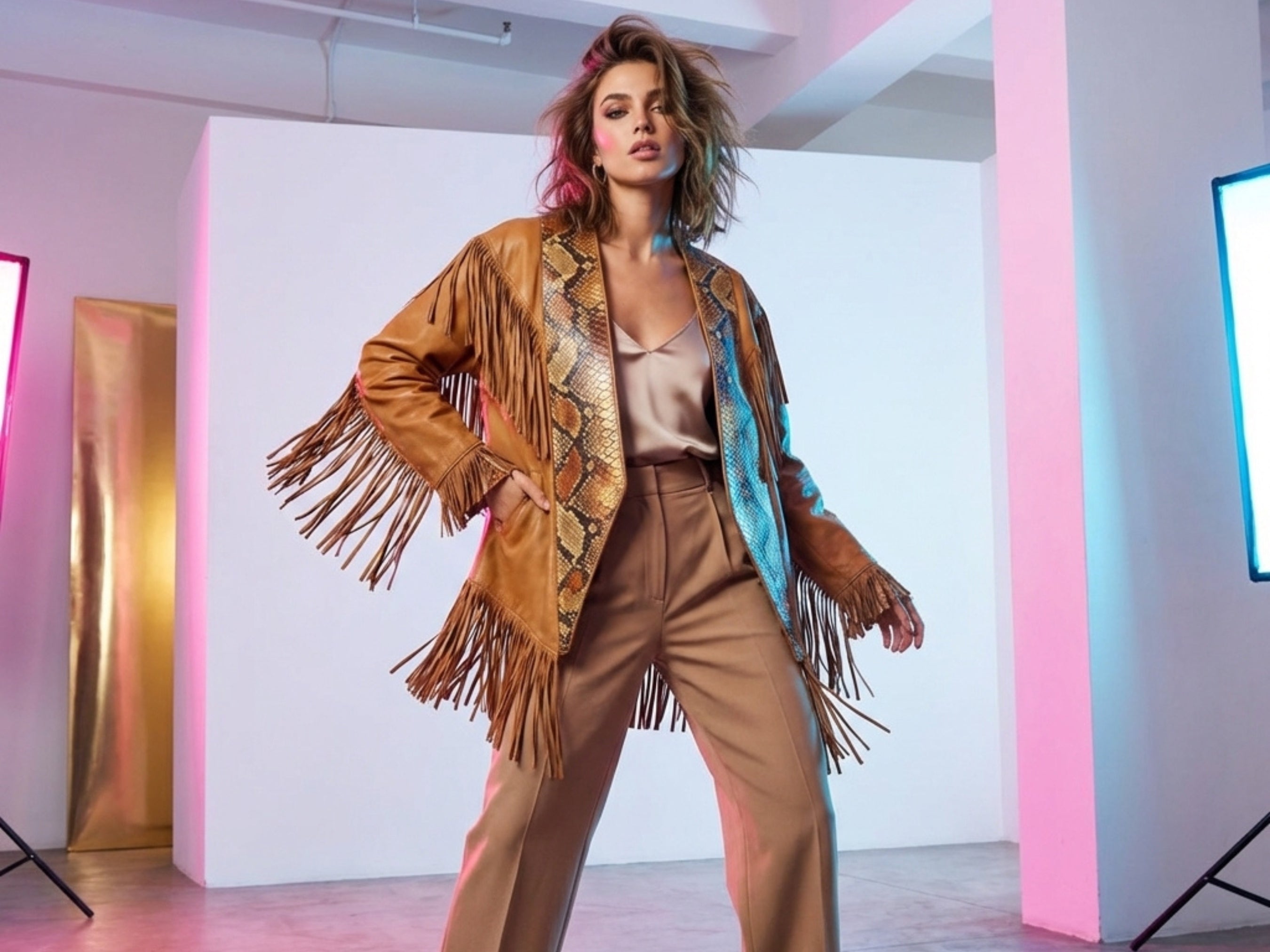 Tan fringe cape jacket with snakeskin-patterned front and long tassel sleeves