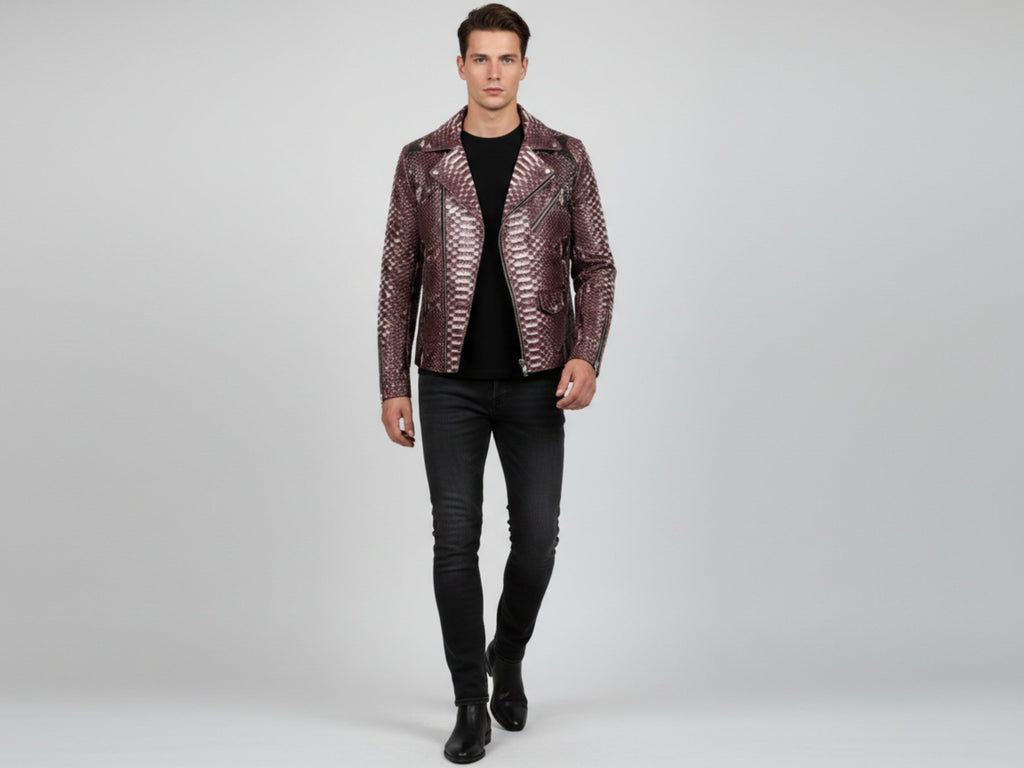 Men’s python snakeskin leather biker jacket front view, gradient burgundy and zip closure