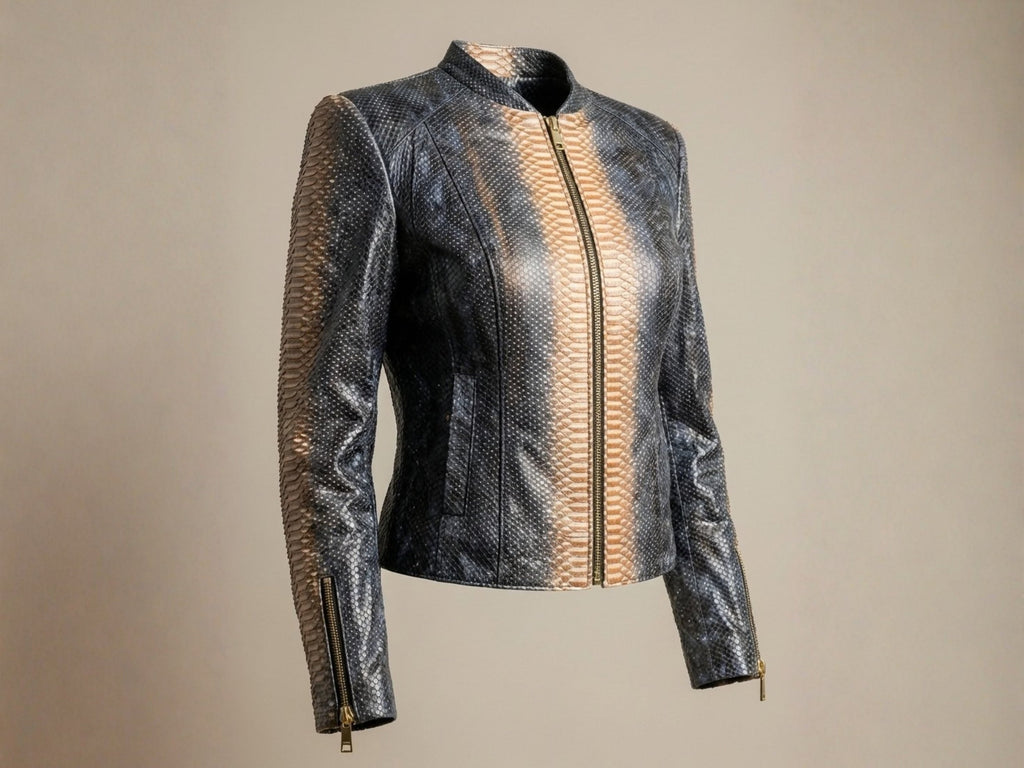 Charcoal snakeskin-effect jacket with stand collar and central zip, long sleeves