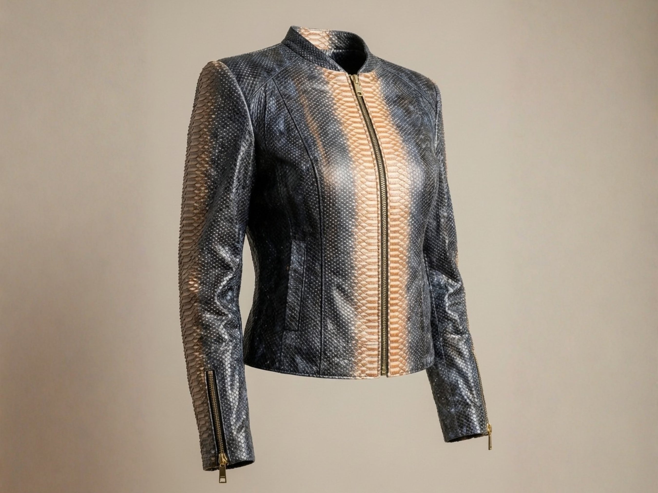 Charcoal snakeskin-effect jacket with stand collar and central zip, long sleeves