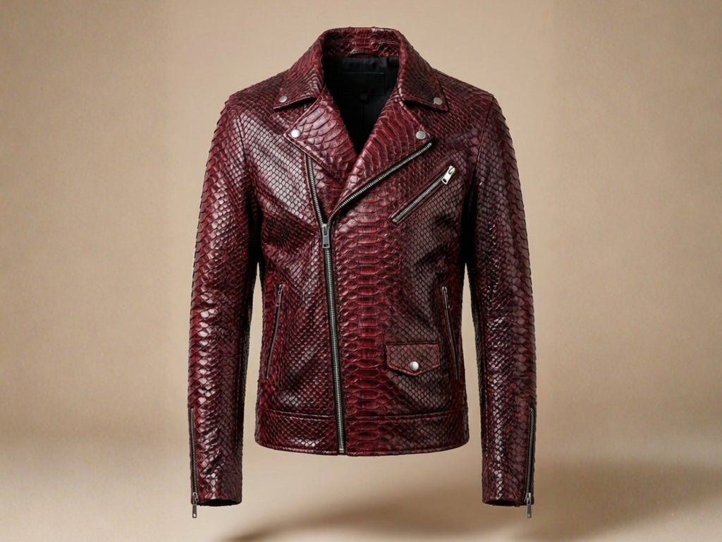 Burgundy python snakeskin leather biker jacket front view with stand collar and zip pockets