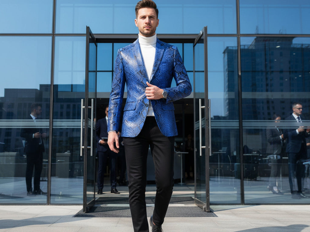 Men's blue snakeskin blazer worn with dark trousers, standing front view.