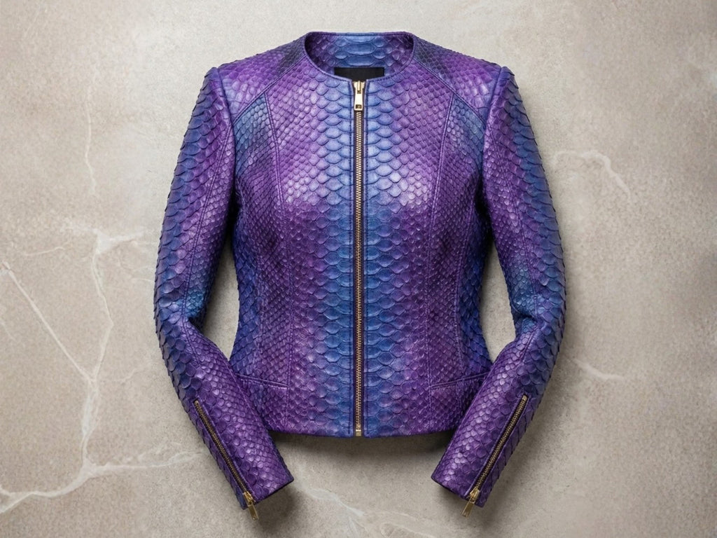 Purple-blue snakeskin jacket front, zip-up closure and long sleeves