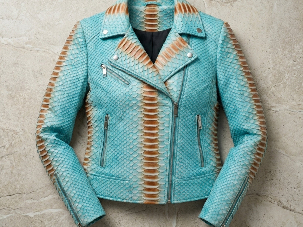 Turquoise snakeskin leather jacket with asymmetrical zip front and side zipper pockets