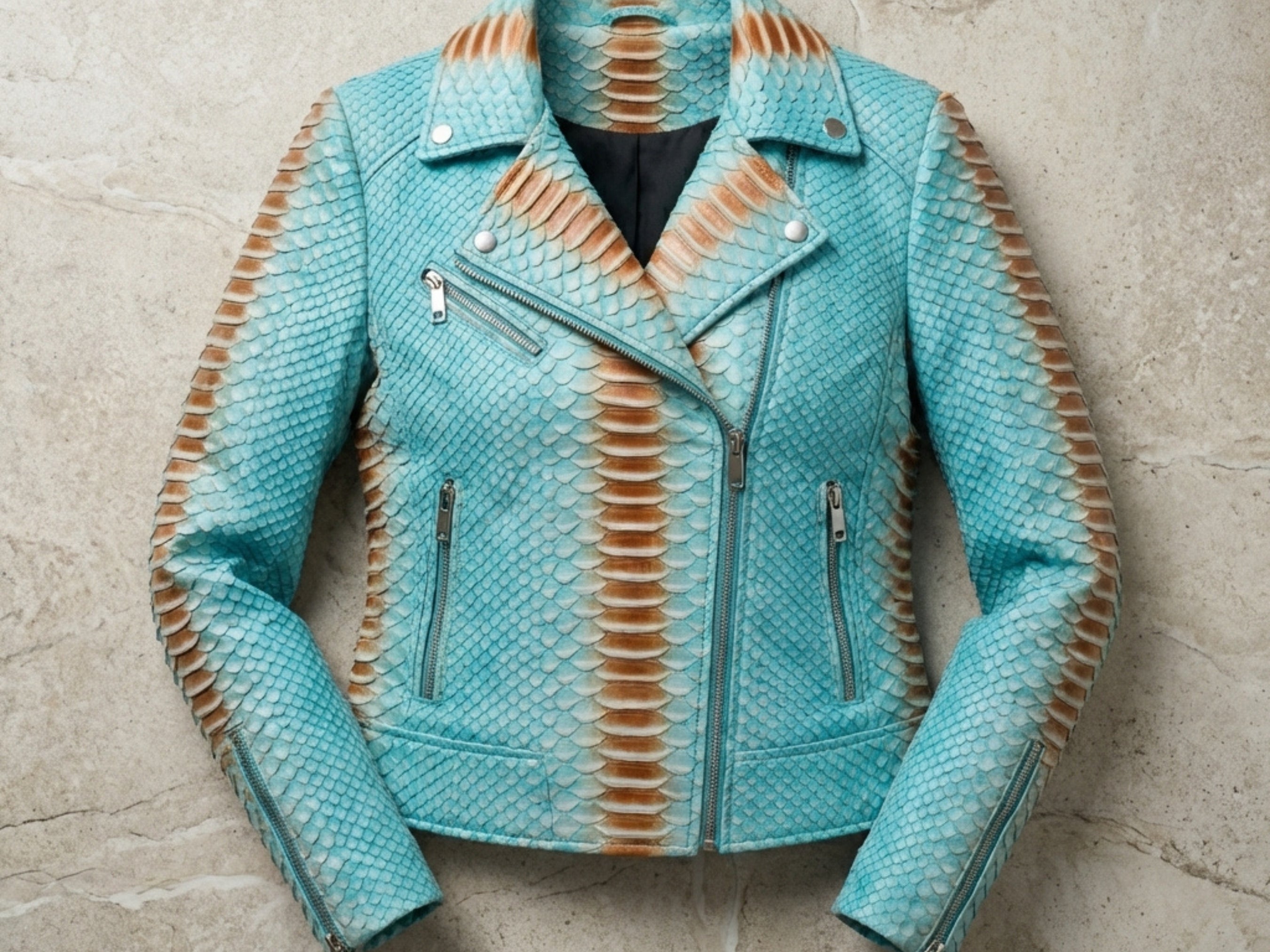 Turquoise snakeskin leather jacket with asymmetrical zip front and side zipper pockets