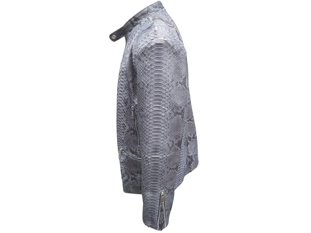 Dark grey snakeskin leather jacket, side view with zip pocket detailing and metal hardware