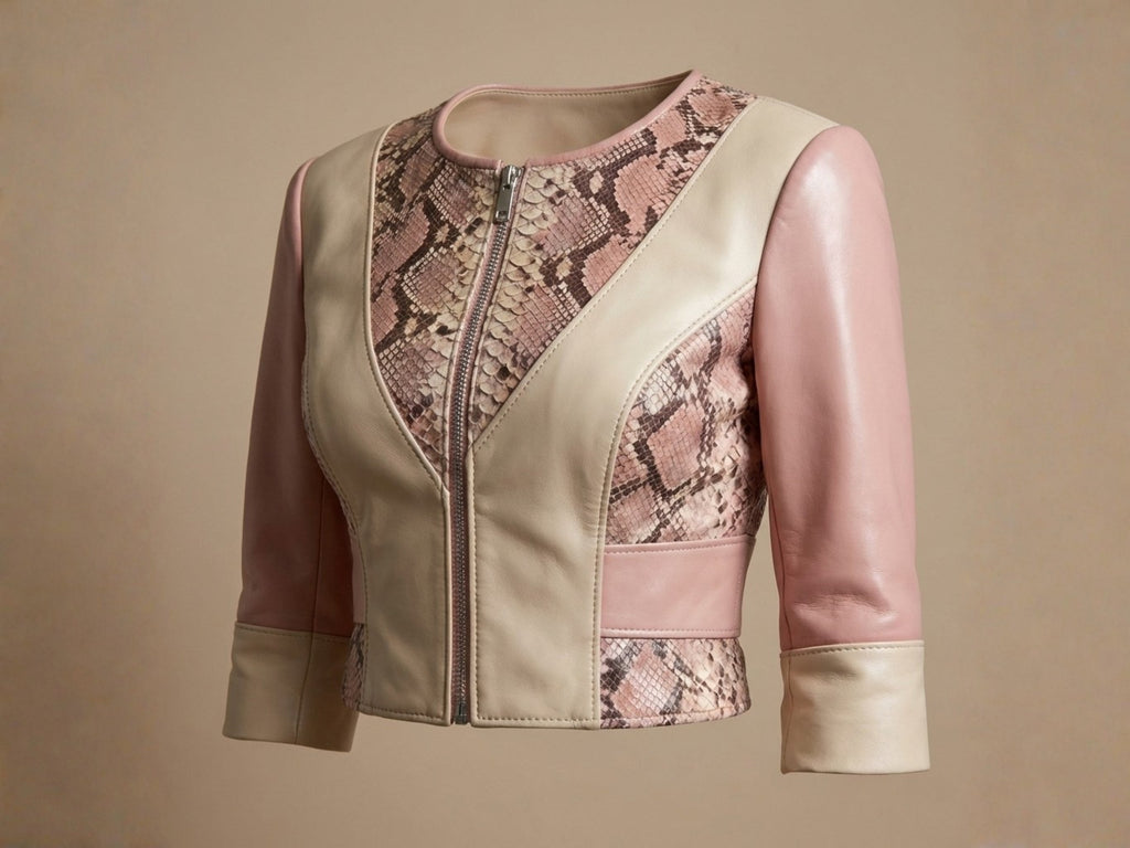 Front view of cream leather bolero jacket with snakeskin-print panel and zip