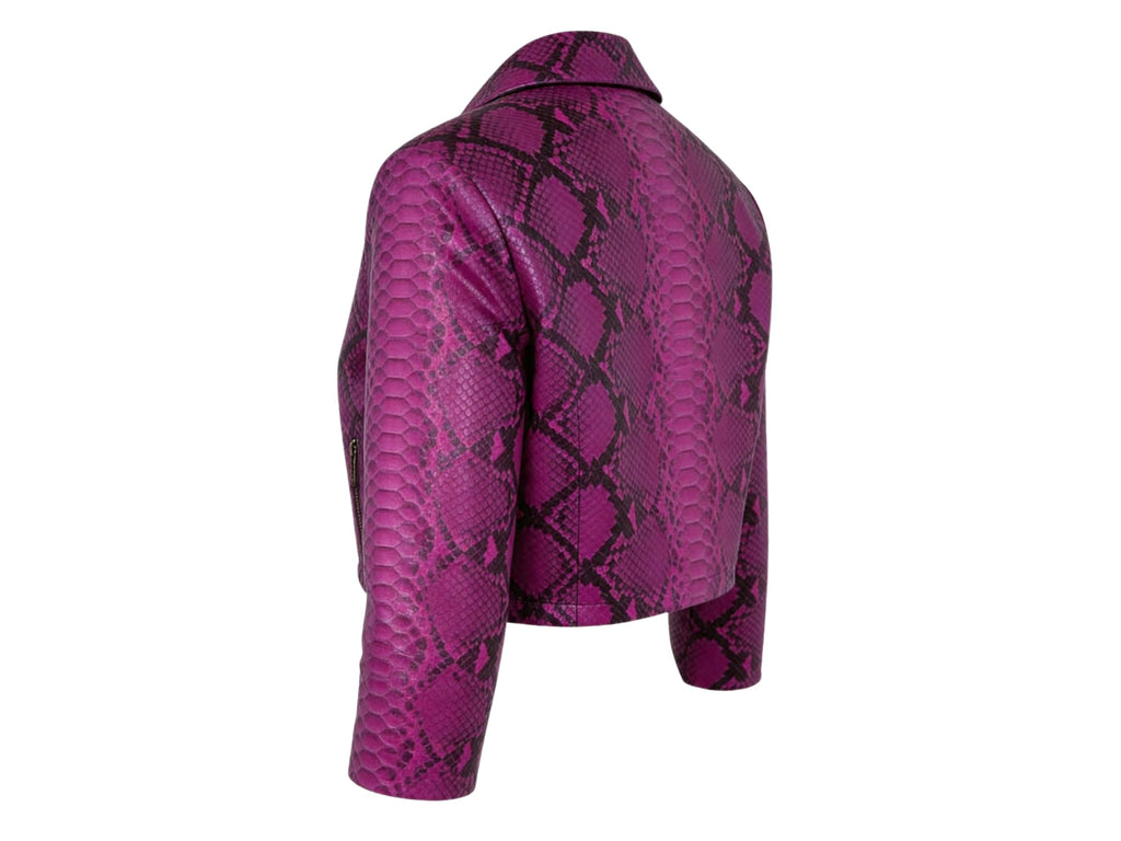 Magenta snakeskin cropped leather jacket back view, long sleeves, cropped length