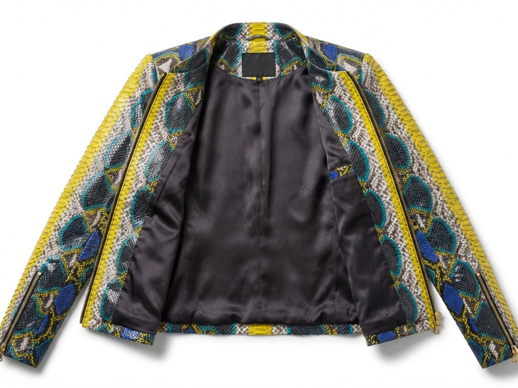 Snakeskin leather jacket interior showing satin lining and zip-back opening