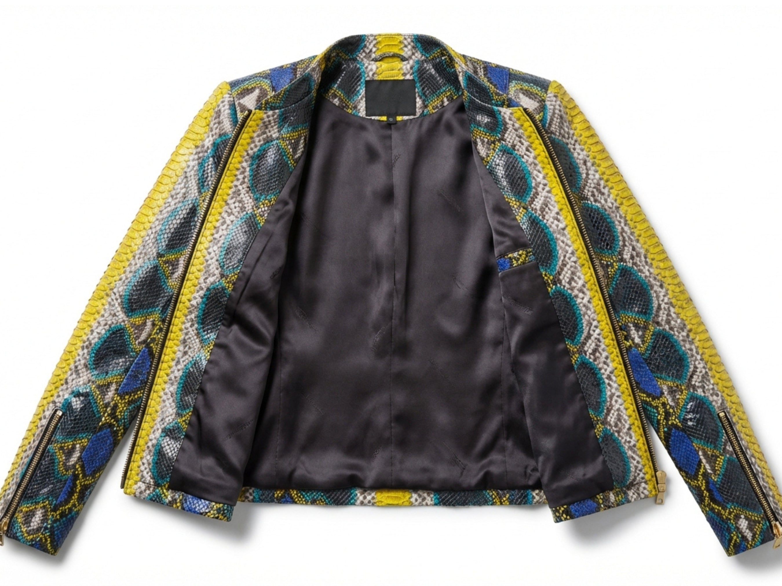 Snakeskin leather jacket interior showing satin lining and zip-back opening