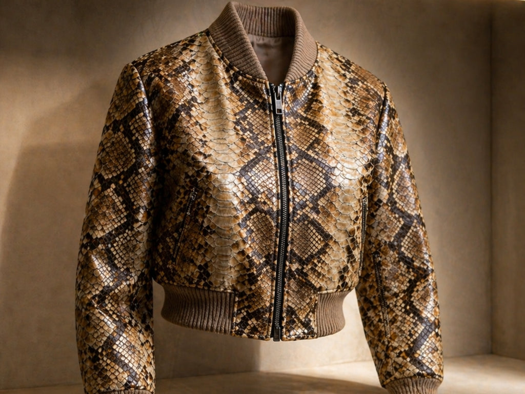 Cropped snakeskin bomber jacket with front zip, ribbed collar, cuffs, and hem