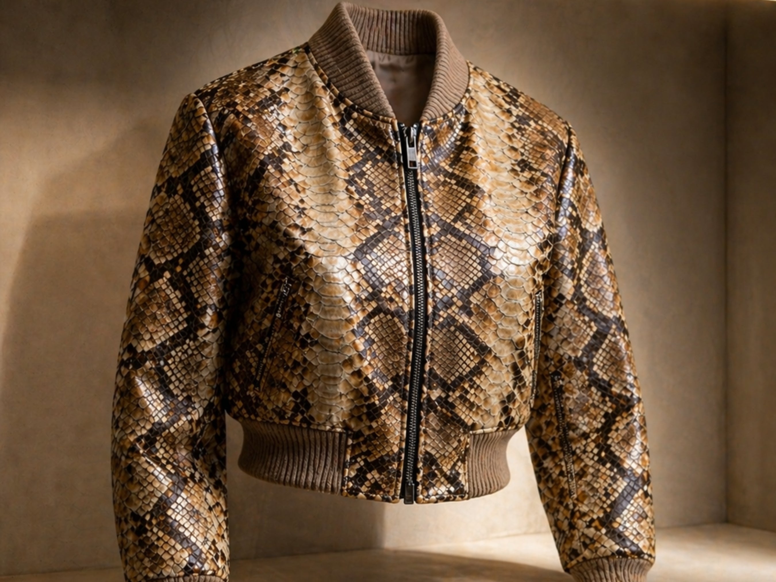 Cropped snakeskin bomber jacket with front zip, ribbed collar, cuffs, and hem