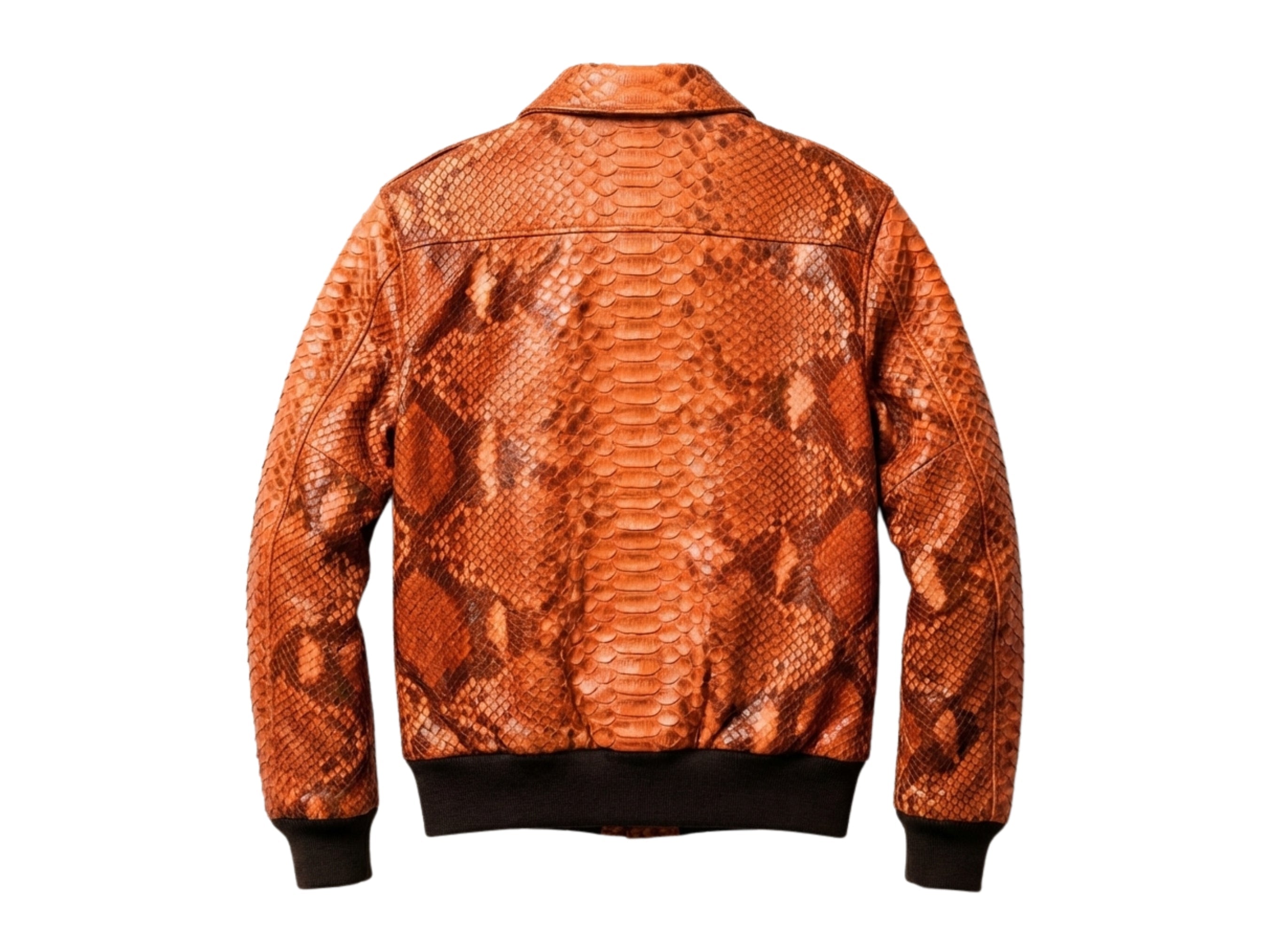 Men's orange python snakeskin bomber jacket, back view with stand collar